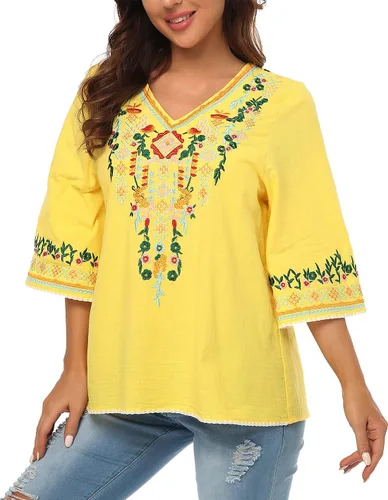 Vista 4 de YZXDORWJ Blusa campesina mexicana bordada con cuello en V para mujer