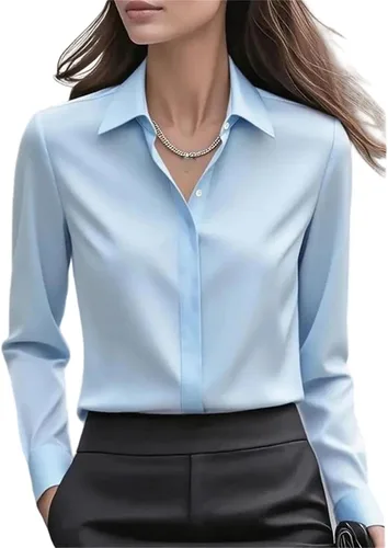 Vista 2 de Camisa de oficina de manga larga para mujer, cuello con botones, blusa formal sólida