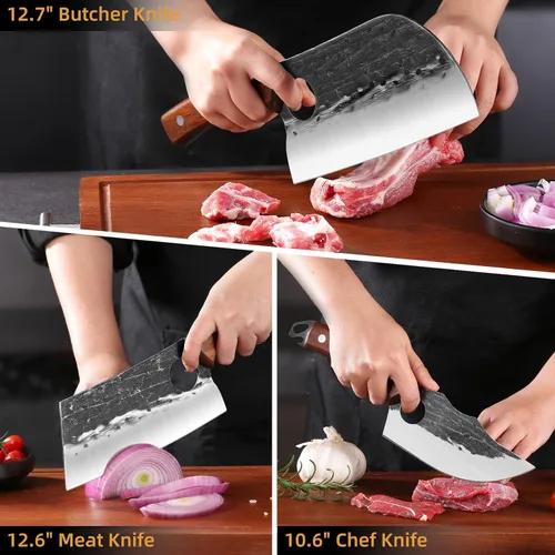 Vista 6 de Juego de 3 cuchillos de chef, juego de cuchillos de carnicero de cocina japonesa, cuchillos de chef serbios, cuchillos de deshuesado vikingos, acero