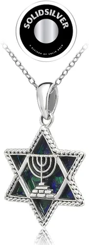Vista 3 de Collar con colgante de plata de ley con diseño de estrella de David y Menorah de cristal antiguo romano