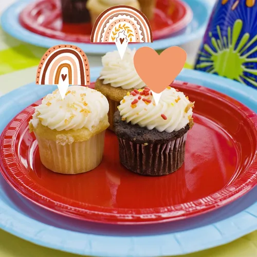 Vista 4 de 48 piezas Boho Rainbow Party Cupcake Toppers para decoración de fiesta de cumpleaños de arcoíris bohemio