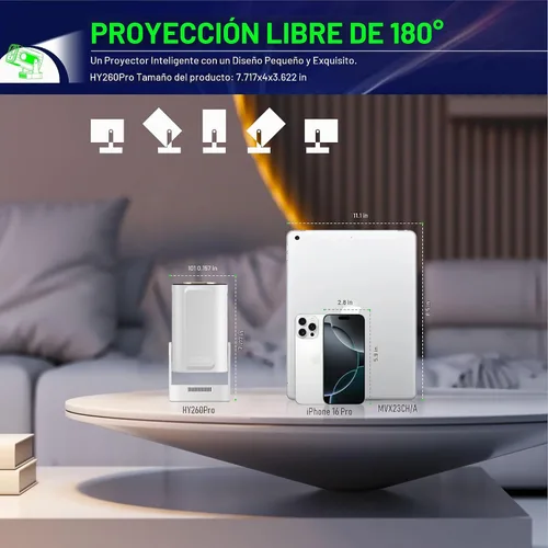Vista 9 de Proyector portátil de enfoque automático, mini proyector con WiFi y Bluetooth nativo 1080P compatible con resolución 4K con BT5.4 WIFI6 300 ANSI