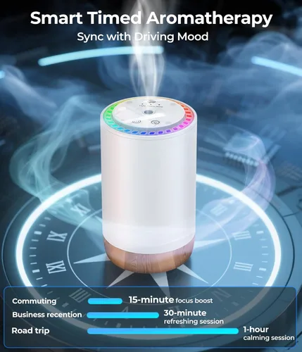Vista 5 de Difusor de aceite esencial, difusor sin agua a pilas, a prueba de derrames, para automóviles y viajes, temporizador inteligente, niebla de aroma
