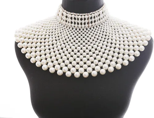 Vista 5 de Fine Fashion Collar de perlas egipcias hecho a mano con peto de cuentas para mujer, accesorios de gargantilla, Perla sintética