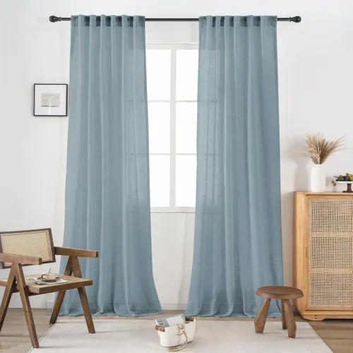 Vista 29 de 2 paneles de cortinas de lino transparente natural de 45 pulgadas, color beige para ventanas pequeñas, bolsillo con pestaña trasera, cortinas cortas