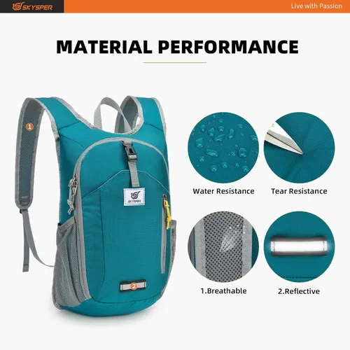 Vista 4 de SKYSPER Mochila de senderismo de 10 litros, pequeña mochila de senderismo plegable y ligera, paquete de día de viaje para mujeres y hombres (cian)