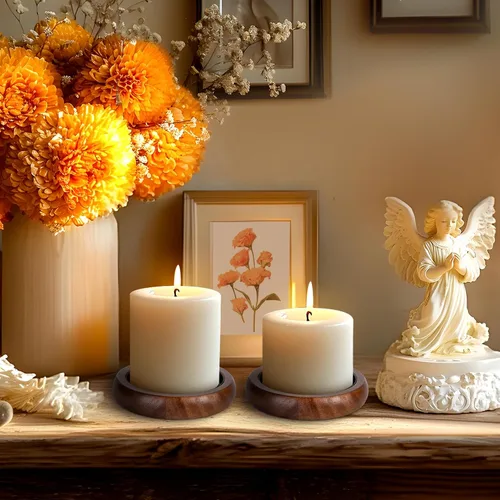 Vista 4 de Juego de 2 portavelas para velas de pilar, plato de vela de madera de granja, soporte de vela de madera rústica, bandeja de velas decorativa