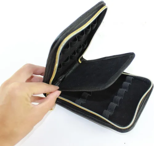 Vista 3 de Gullor Estuche para pluma estilográfica para 12 bolígrafos de cuero negro con cremallera dorada