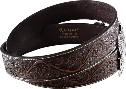 Vista 3 de ARIAT Cinturón de cuero en relieve floral para hombre con hebilla de vaquero plateada envejecida