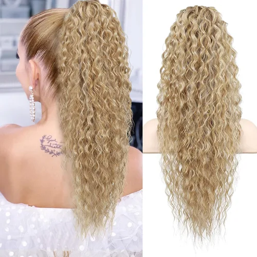 Vista 15 de Flufymooz Extensión de cola de caballo, 22 pulgadas, estilo bohemio, con cordón, extensiones de cabello para mujer, cola de caballo larga, rizada