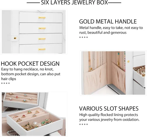 Vista 7 de AKOZLIN Joyero grande organizador funcional con cerradura con espejo grande, estuche de almacenamiento de joyas de cuero para mujeres y niñas