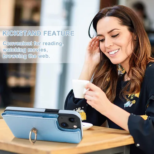 Vista 6 de Folosu Funda Compatible con iPhone 13 Cartera con Soporte para Tarjetas, Soporte de Anillo de Dedo con Rotación de 360° y Función Atril Protectora
