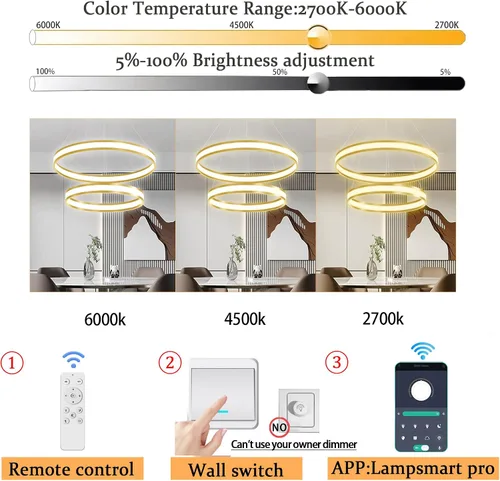 Vista 7 de Moderno candelabro de anillo acrílico regulable con LED, lámpara de anillo ajustable para comedor, sala de estar, dormitorio, cocina
