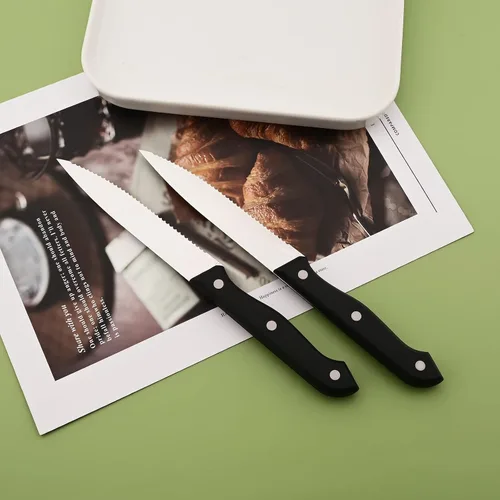 Vista 5 de Juego de cubiertos de acero inoxidable para 4 Uniturcky 24 piezas con cuchillos para carne, juego de cubiertos con mango de madera para el hogar