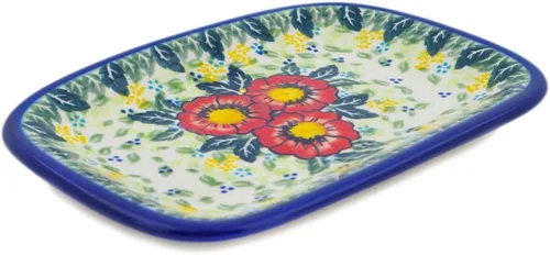 Vista 10 de Auténtico plato de cerámica polaca de 10 pulgadas en diseño amarillo hecho a mano en Bolesławiec Polonia por Ceramika Bona + certificado