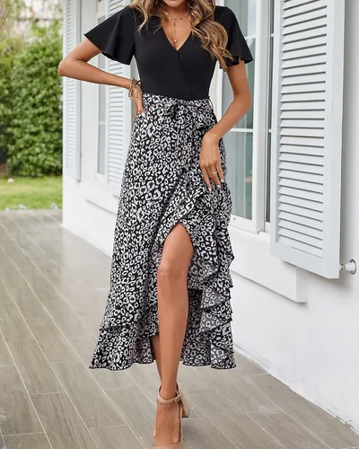 Vista 2 de BTFBM Vestidos largos de verano para mujer, manga corta, cuello en V, estampado floral, bohemio, cintura alta, con volantes, vestido largo de cóctel