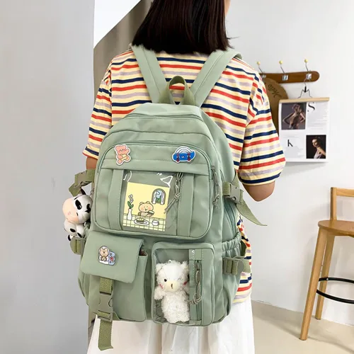 Vista 7 de Yoaujeo Mochila Kawaii con pin Kawaii y accesorios, bonita mochila estética para adolescentes, niñas, estudiantes, escuela, Verde