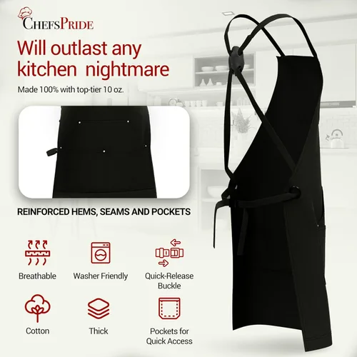 Vista 5 de CHEFSPRIDE Professional Chef Apron for Men & Women - 100% Cotton Adjustable Kitchen Chef Apron with Cross Back & Tool Pockets