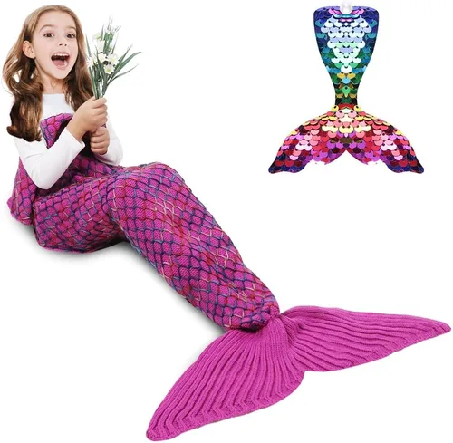 Vista 15 de AmyHomie Manta de cola de sirena, manta suave para niños, saco de dormir de sirena de ganchillo, regalo de sirena para niñas