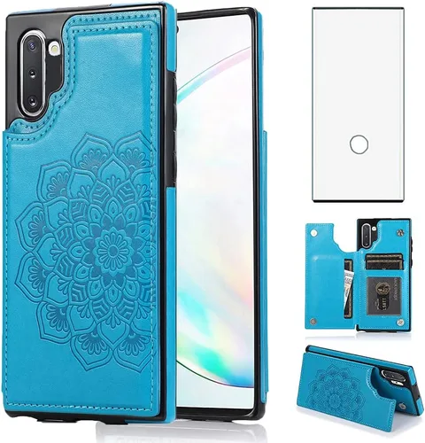 Vista 7 de Diseño para Samsung Galaxy Note 10 con protector de pantalla de vidrio templado ranura para tarjeta de crédito, billetera de cuero PU fundas