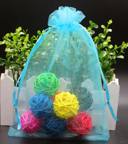 Vista 6 de Bolsas de regalo de organza de 4 x 6 pulgadas con cordón para joyas, dulces, paquetes de 50 bolsas de té de tela transparente azul aguamarina