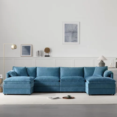 Vista 73 de Moderno sofá modular en forma de U con almohadas para la cintura, sofá cama con diván, sofá tapizado simétrico de felpilla de 6 asientos para sala