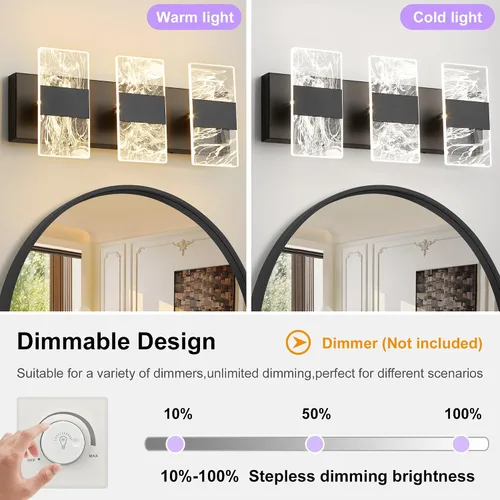 Vista 4 de Luminarias LED Modernas para Baño Regulables, Luz de Tocador Negra de 3 Luces, Luminaria de Iluminación Ajustable 5CCT Luces de Tocador Sobre