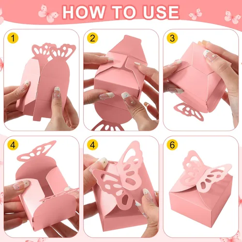 Vista 3 de Fulmoon 100 cajas de regalo de mariposa para baby shower, cajas de regalo de mariposa rosa, caramelo rosa, regalo de baby shower con 100 etiquetas