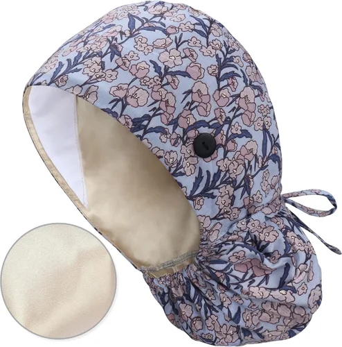 Vista 35 de QBA Gorra de trabajo ajustable con botón, gorro forrado de satén, gorro de trabajo de algodón, banda elástica para atar en la espalda, unisex