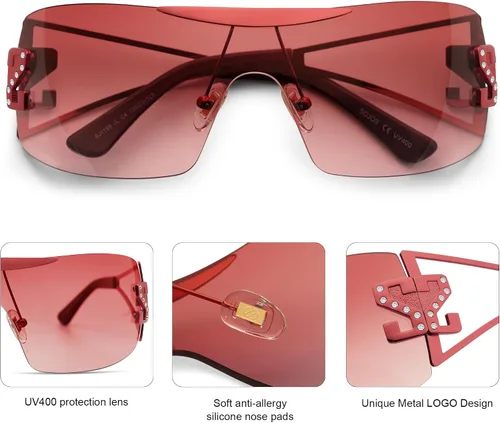 Vista 4 de SOJOS Gafas de sol Y2K sin montura envolventes para mujeres y hombres, gafas de sol futuristas sin marco SJ1198