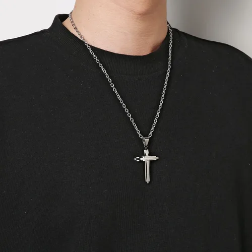 Vista 2 de HZMAN collar con colgante de cruz de acero inoxidable pulido, con cadena de 24 in, para hombre