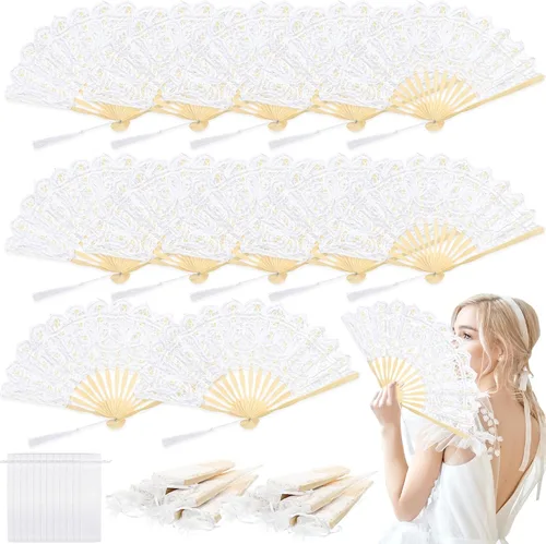 Vista 10 de Beeveer - 6 abanicos de mano plegables de encaje para boda, algodón bordado, color beige Bamboo Staves Silk Tassels, Vintage Retro, Handheld