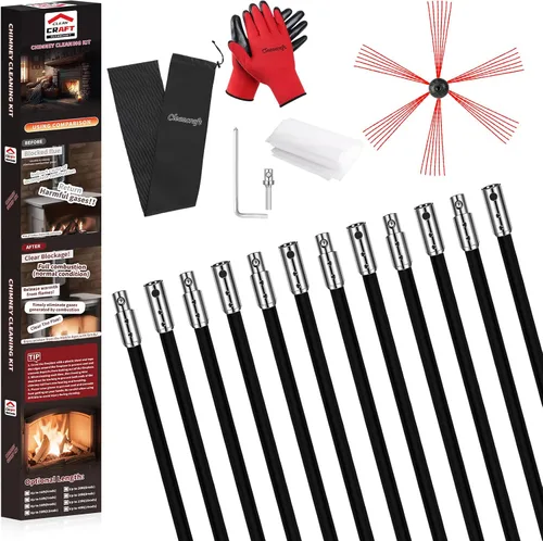 Vista 11 de Kit de limpieza de chimeneas de 16 pies, kit de limpieza de chimenea con 5 varillas de chimenea flexibles de nailon negro, sistema de limpieza