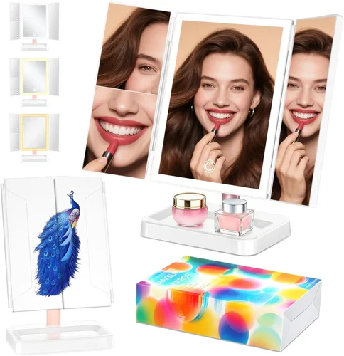 Vista 10 de BERTHALESS Espejo de maquillaje recargable con luces, 14.4 pulgadas de largo x 9.1 pulgadas de ancho, espejo de tocador iluminado para mesa, aumento