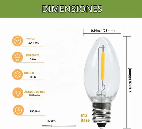 Vista 7 de Cable accesorio con luces nocturnas LED - Cable blanco con interruptor de encendido/apagado, bombillas C7 blancas cálidas y fusible de repuesto