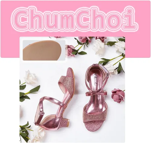 Vista 7 de Chumchoi Sandalias para niñas con diamantes de imitación, tacón bajo, correa de tobillo, vestido de tacón alto, boda, fiesta, para niños pequeños