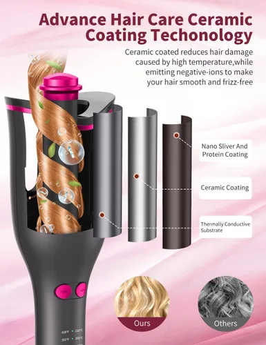 Vista 5 de Rizador automático para mujer, rizador automático giratorio de cabello largo, barril de cerámica de 1 pulgada, 4 temperaturas y 3 temporizadores