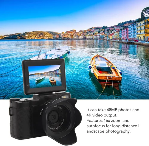 Vista 2 de Cámara digital 4K, 3 pulgadas, 48 MP, 16X, zoom de 180°, cámara de vlogging antivibración con función de belleza facial, para adolescentes, adultos