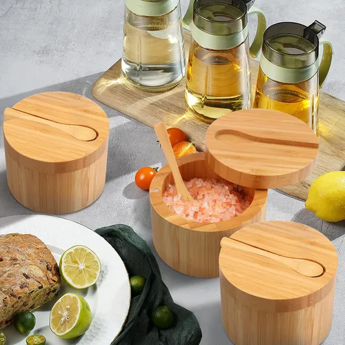 Vista 8 de Sal de bambú HTB con mini cuchara y tapa giratoria magnética Kitchen Salt Box 8 Oz for Countertop,Round Salt Container to Storage Pepper Spice