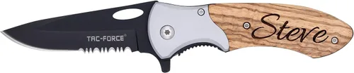 Vista 3 de Cuchillos de bolsillo grabados. Assisted Opening 3.25" Stainless Steel Blade, Personalized Real Wood Handle, Partially Serrated, Pocket Clip