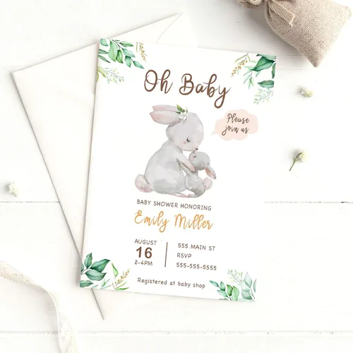 Vista 2 de 30 invitaciones conejito baby shower acuarela animales papel fotográfico