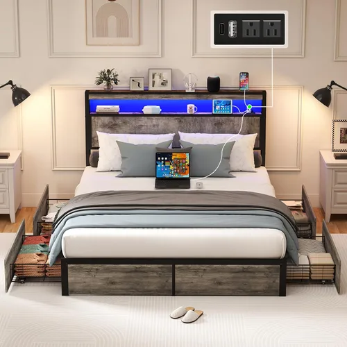 Vista 13 de SADENICEL Base de cama de tamaño matrimonial con almacenamiento, plataforma de cama de madera LED con cabecero, 2 cajones, estación de carga,