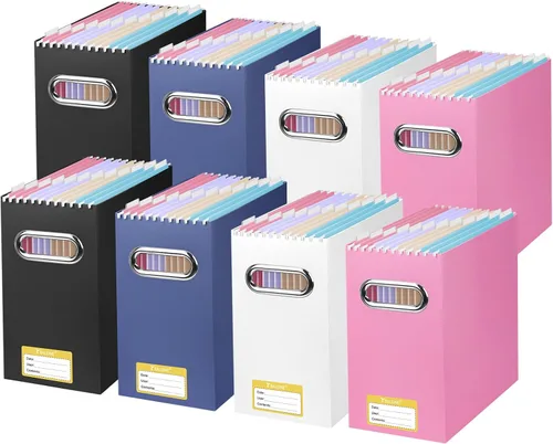 Vista 39 de BALEINE Caja organizadora de archivos, organizador de carpetas de archivos de cartón con asa para tamaño carta, caja de archivos plegable portátil