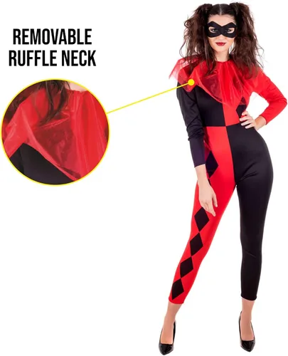 Vista 4 de Fun Shack Disfraz de bufón para mujer, disfraz de arlequín para mujer, disfraz de bufón de Halloween para mujer, disfraz de payaso de arlequín