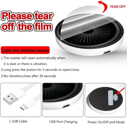 Vista 3 de 2 luces LED para portavasos de automóvil, carga USB, 7 colores, posavasos luminiscentes para automóvil