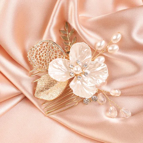 Vista 4 de Peine de pelo con diamantes de imitación de cristal de hoja de oro para novia, con perlas de diamantes de imitación, accesorios para el cabello