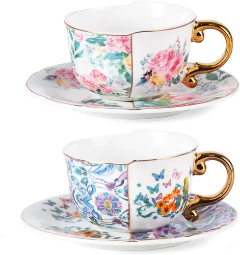Vista 29 de KAMMAK Juego de 2 tazas de té y platillos, tazas de café de porcelana fina, tazas de café expreso apilables, demitasse de cerámica para café