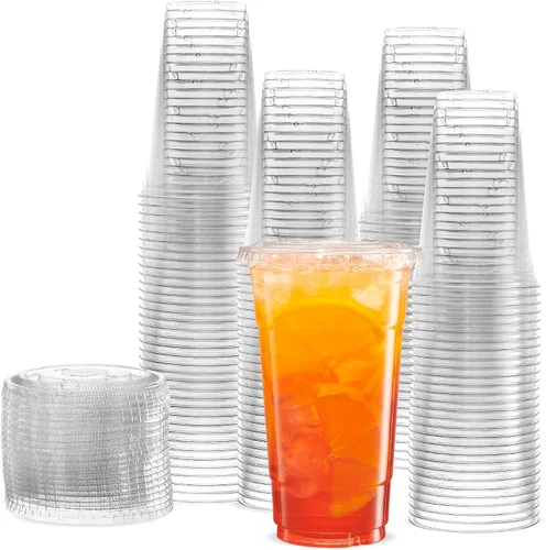 Vista 5 de Vasos de plástico transparente con tapas, sin BPA, 20 onzas, tazas de café desechables con borde enrollado, 100 piezas para oficina, tienda