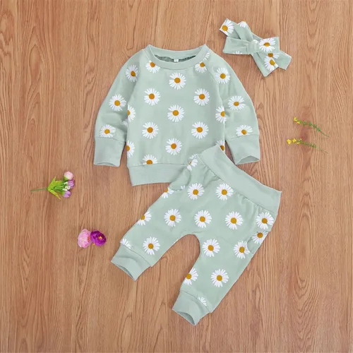 Vista 3 de Karwuiio Conjunto de ropa para bebé recién nacida, sudadera + pantalones + diadema, conjunto de 3 piezas para otoño e invierno