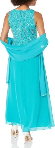 Vista 22 de J Kara Vestido largo sin mangas con cuentas y bufanda para mujer, talla grande